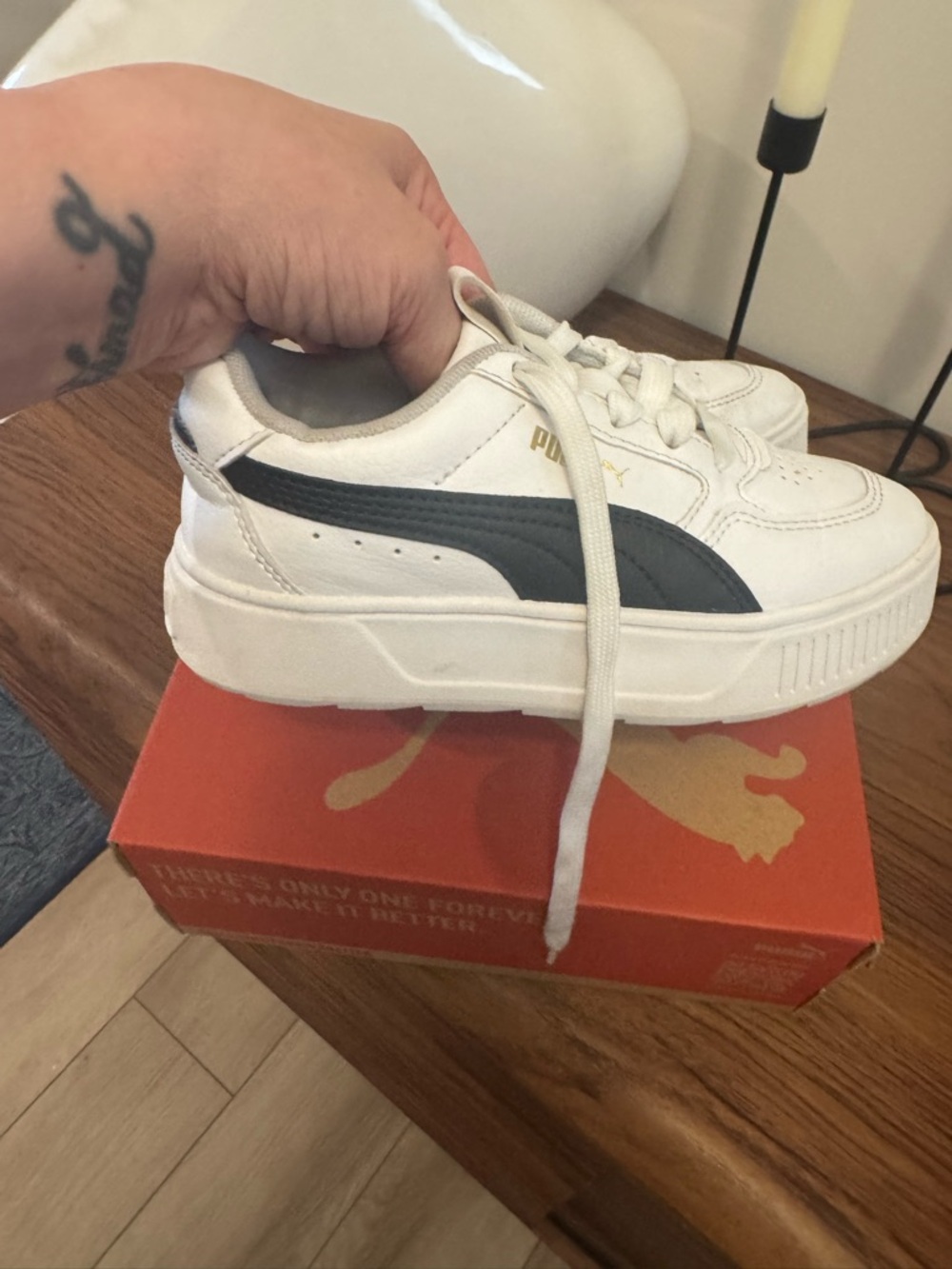 Puma Kids White Sneakers with Navy Formstripe